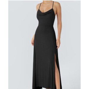 Halara Dress Black Large Crisscross Lace Up Back Cowl Neck Maxi Casual NWT 090